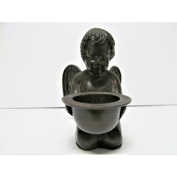 Vintage Bronze Cherub Angel Incense cone burner Candle holder Figurine - Picture 2 of 11